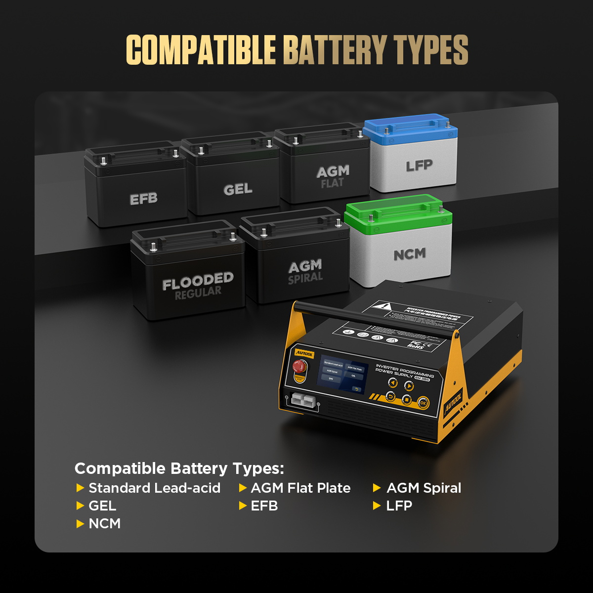 AUTOOL EM385 compatible battery types including lead-acid GEL EFB AGM LiFePO4 and NCM