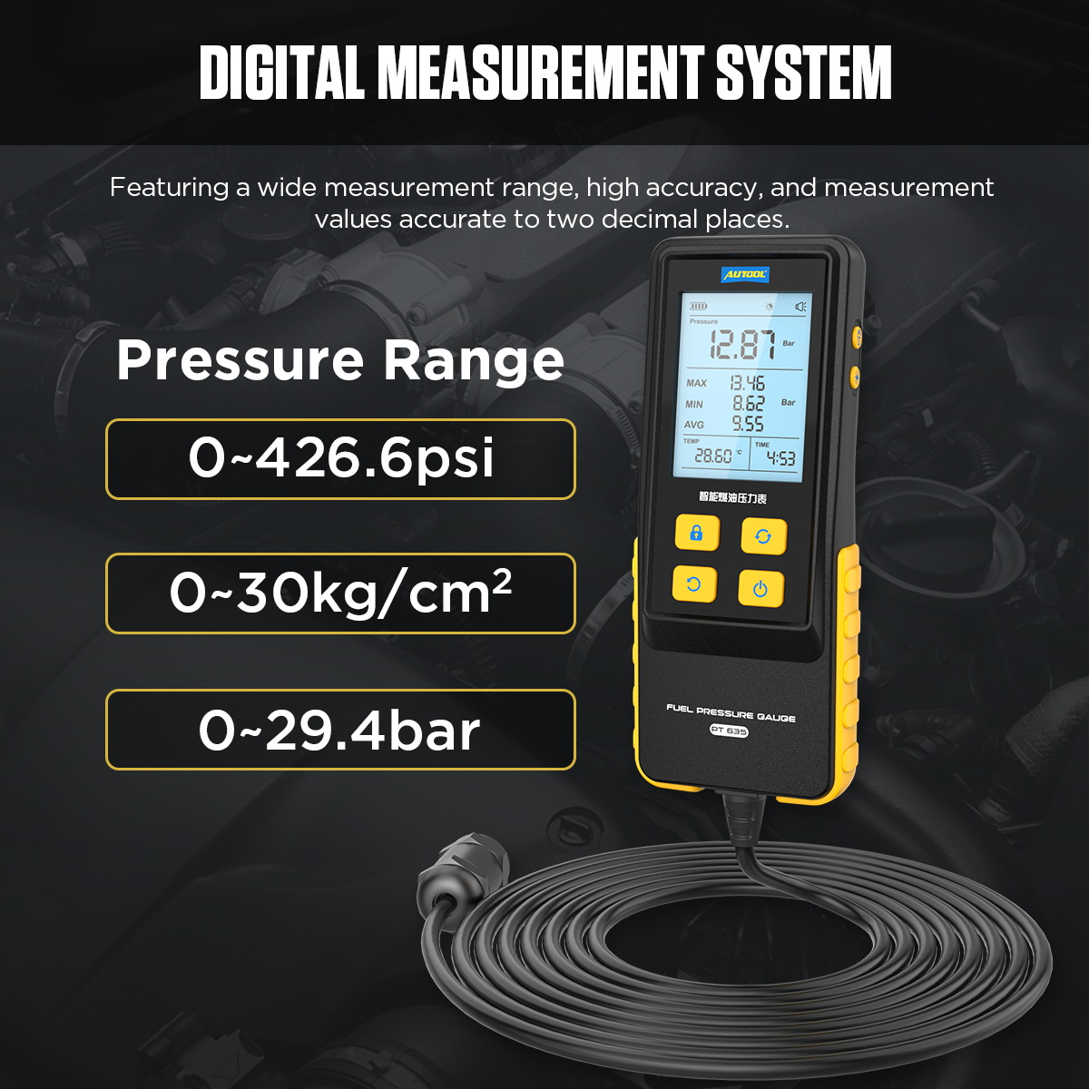 AUTOOL PT635 digital measurement system pressure range 0 to 426.6 psi 0 to 30 kg per square centimeter and 0 to 29.4 bar