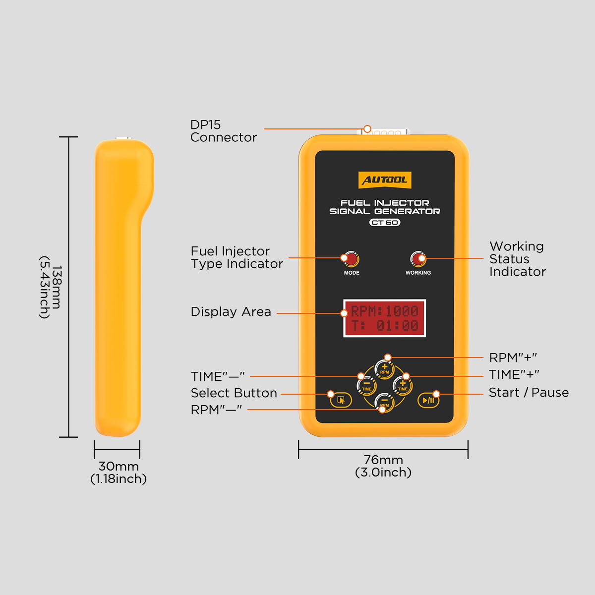 AUTOOL CT60 interface and dimensions including DP15 connector indicators display area RPM time buttons select button and start pause button