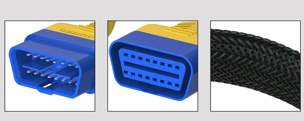 AUTOOL OBD2 extension cable connector pins sockets and braided sleeve details