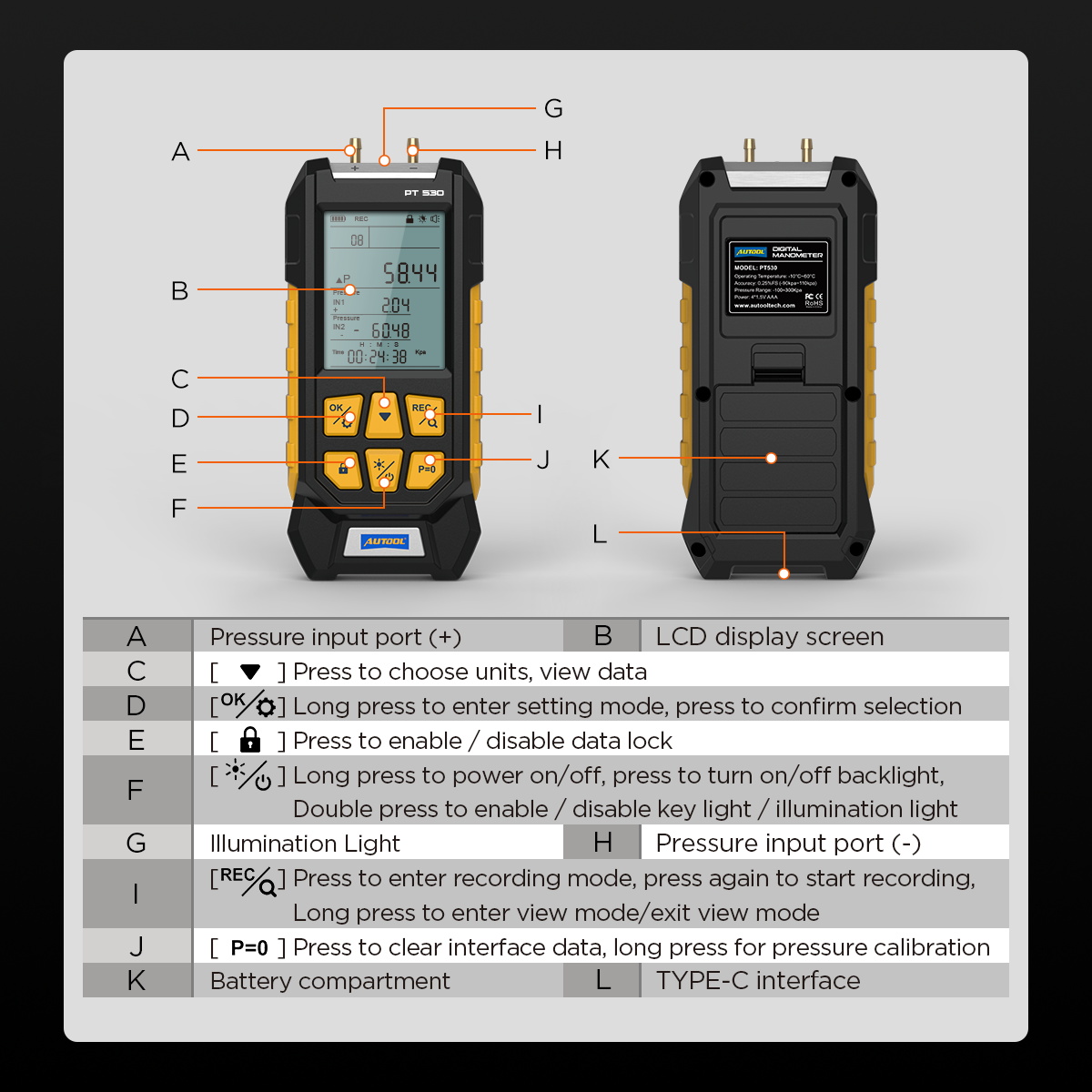AUTOOL PT530 structure size and component introduction image