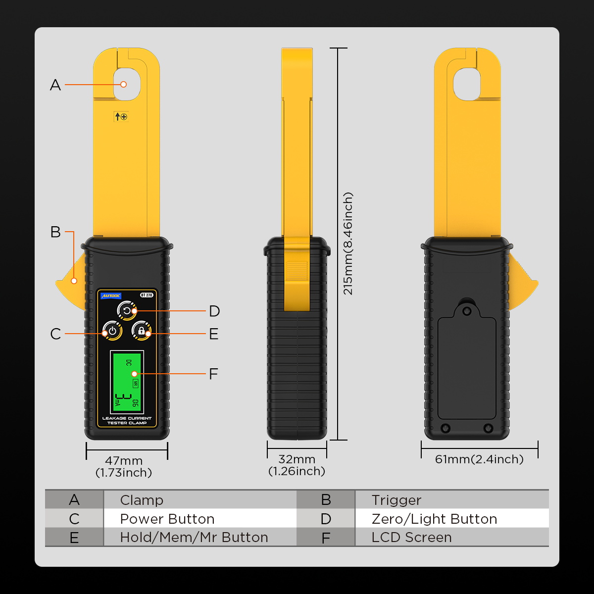 AUTOOL BT270 dimensions and product structure diagram