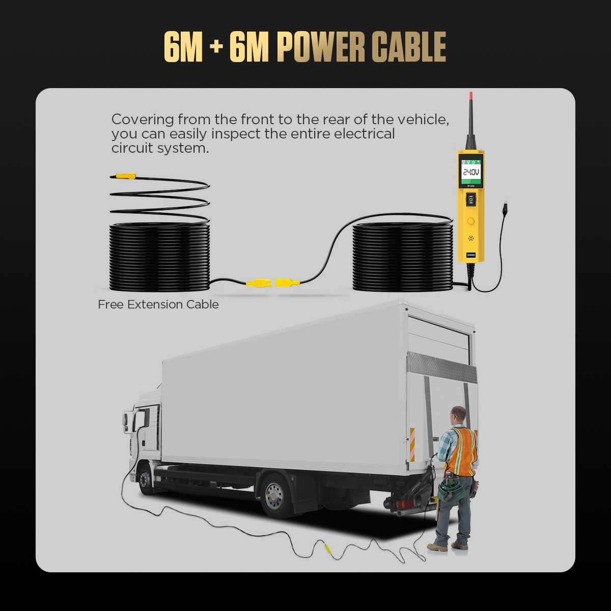 AUTOOL BT260 6m plus 6m 12m power cable front to rear vehicle inspection image