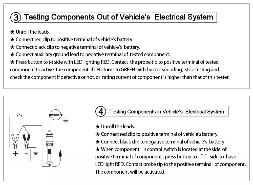 AUTOOL BT160 testing components out of vehicle and in vehicle electrical system instruction image