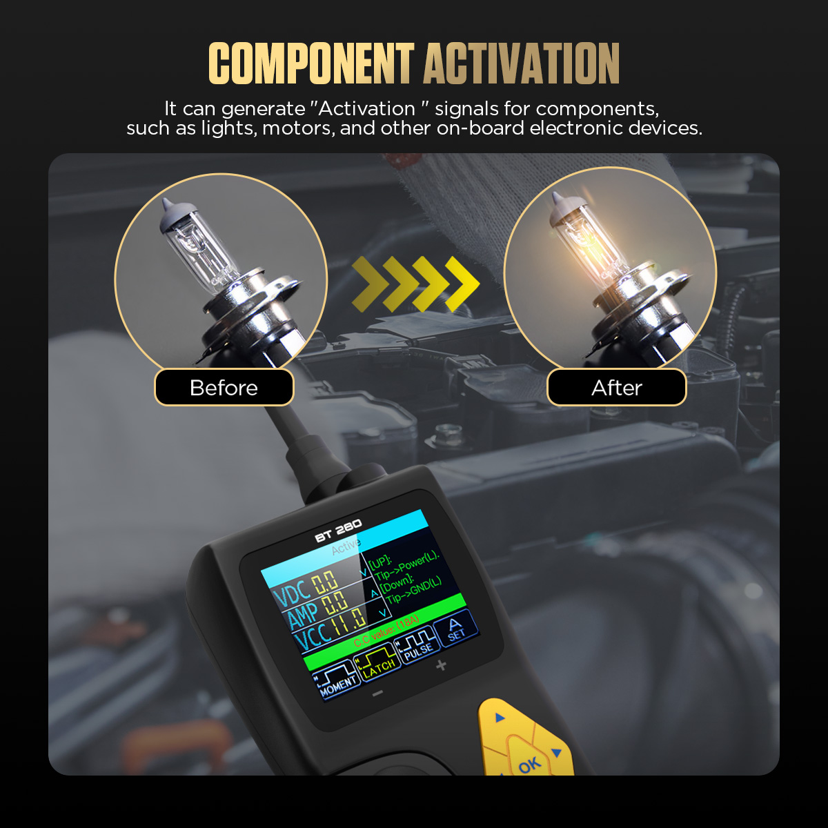 AUTOOL BT280 component activation mode for lights motors and onboard electronic devices