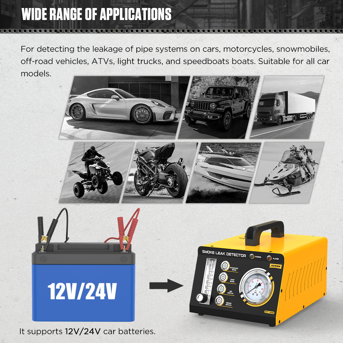 AUTOOL SDT208 vehicle compatibility for 12V and 24V cars motorcycles trucks ATVs boats and snowmobiles
