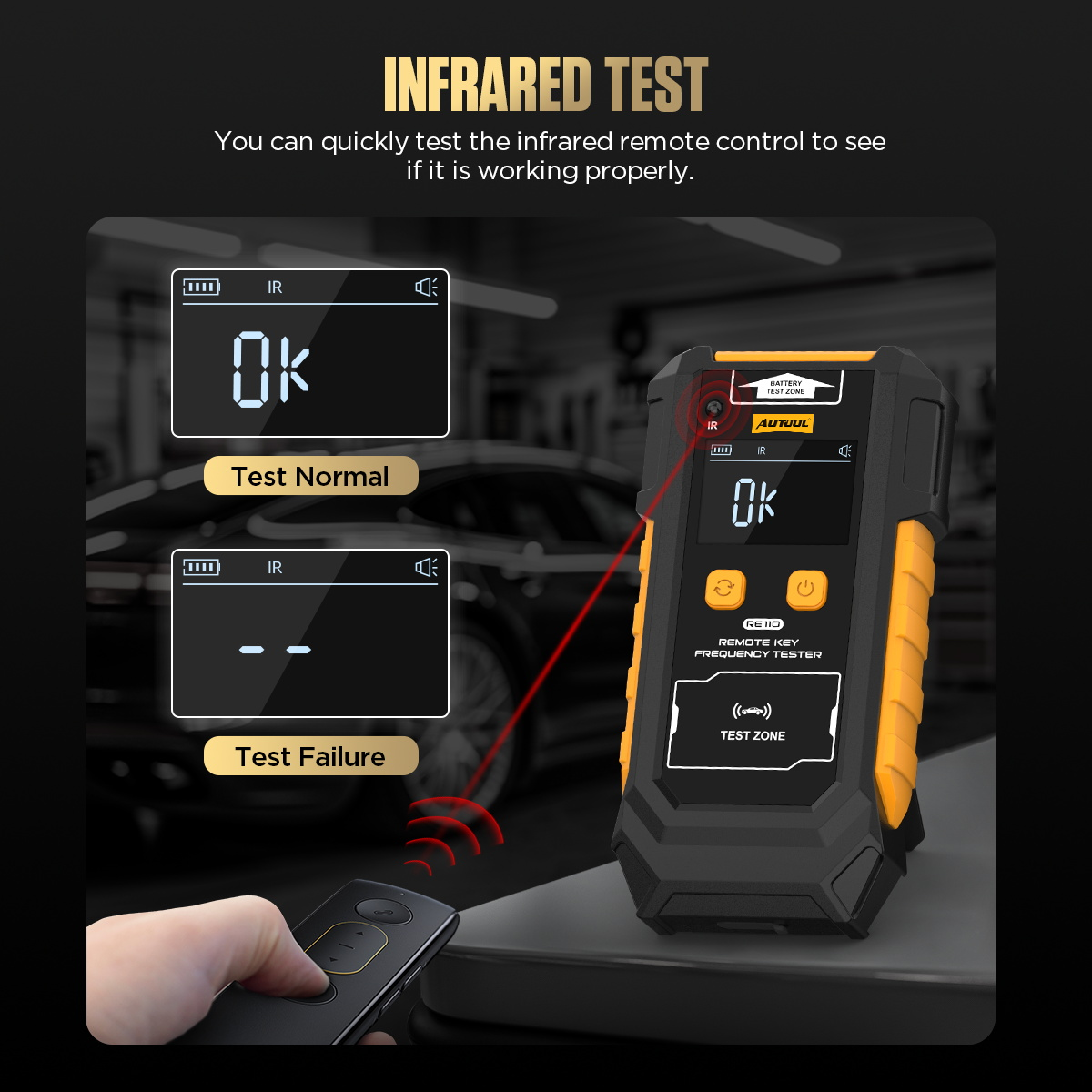 AUTOOL RE110 infrared remote test with OK and test failure result examples