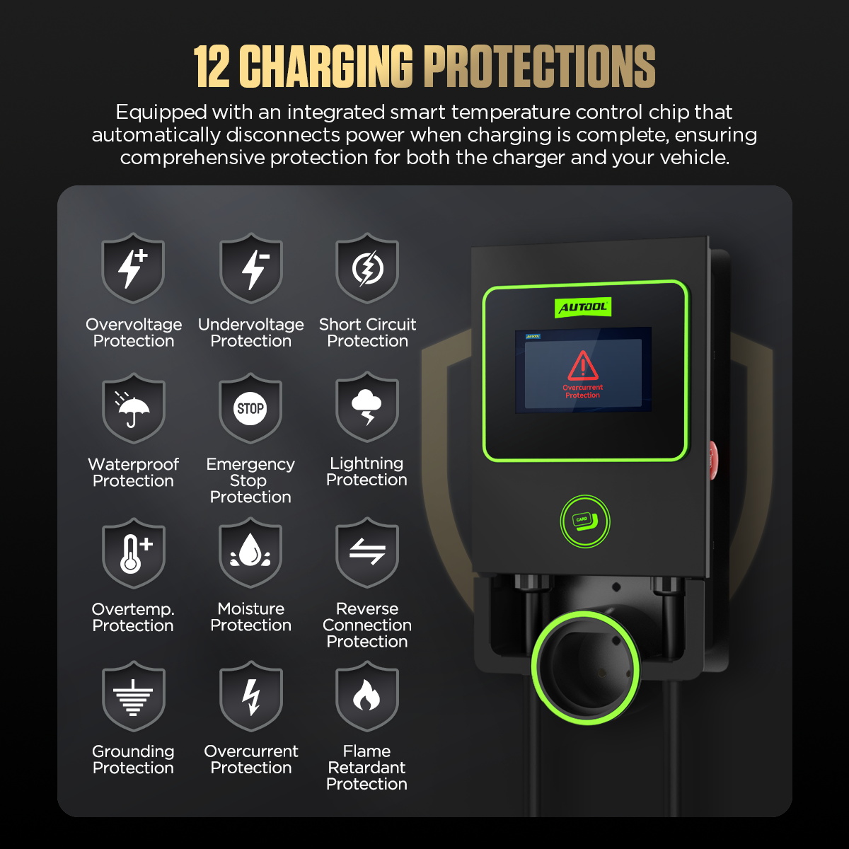 AUTOOL C701 12 charging protections including overvoltage, undervoltage, short circuit, waterproof, emergency stop, lightning, overtemperature, moisture, reverse connection, grounding, overcurrent, and flame retardant