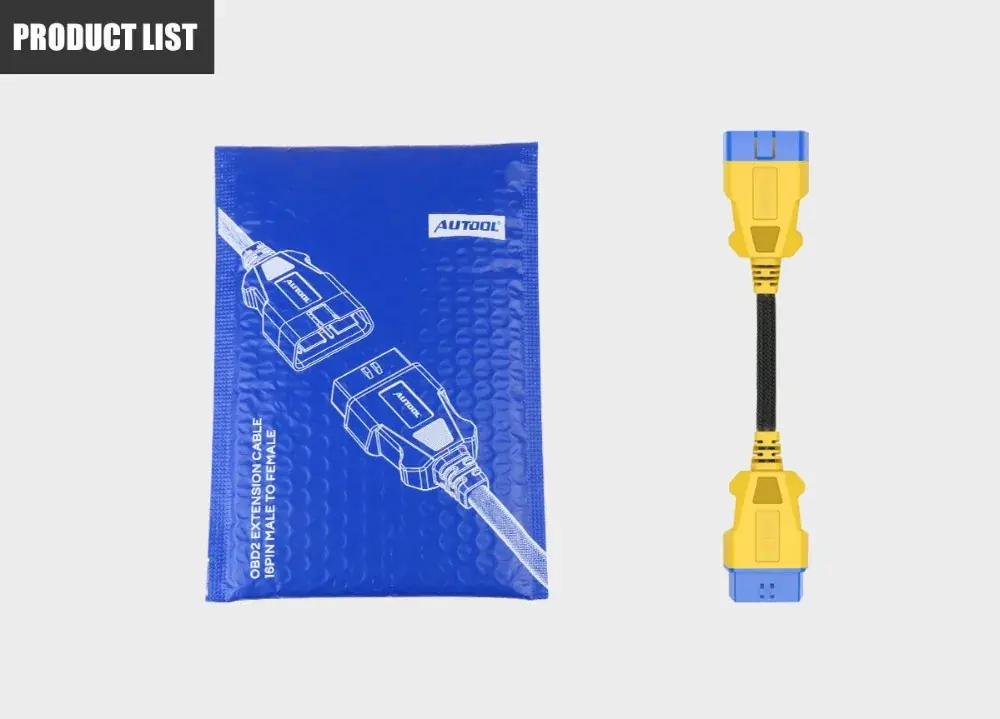 AUTOOL 20cm OBD2 extension cable packing list showing one cable and retail package