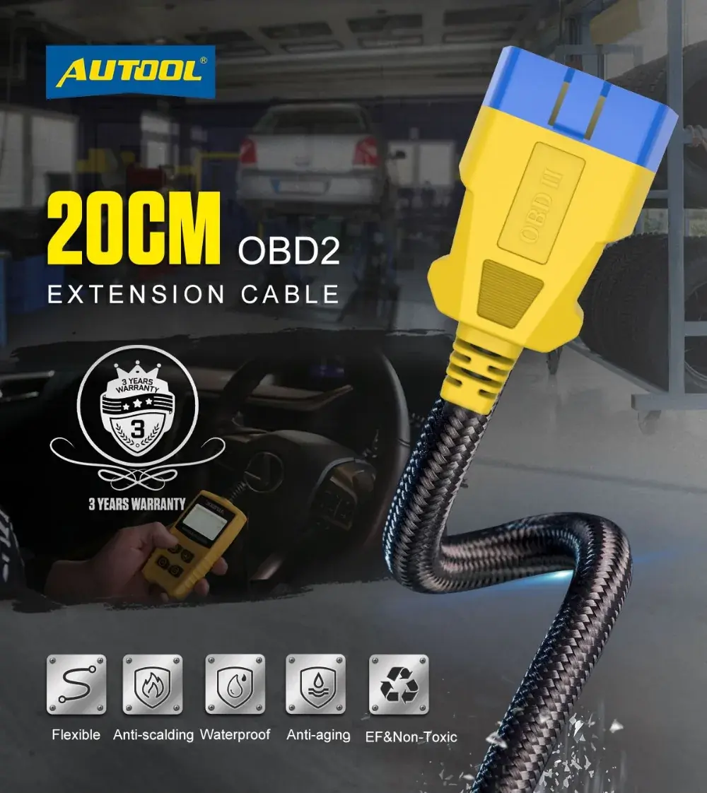 AUTOOL 20cm OBD2 reinforced nylon male to female extension cable main image