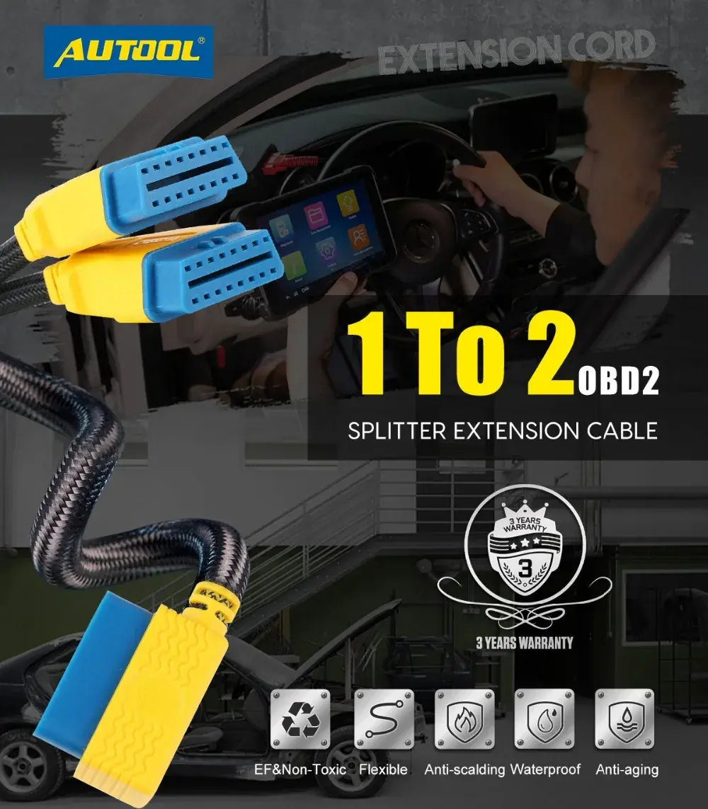 AUTOOL 35cm OBD2 1-to-2 splitter extension cable main product image