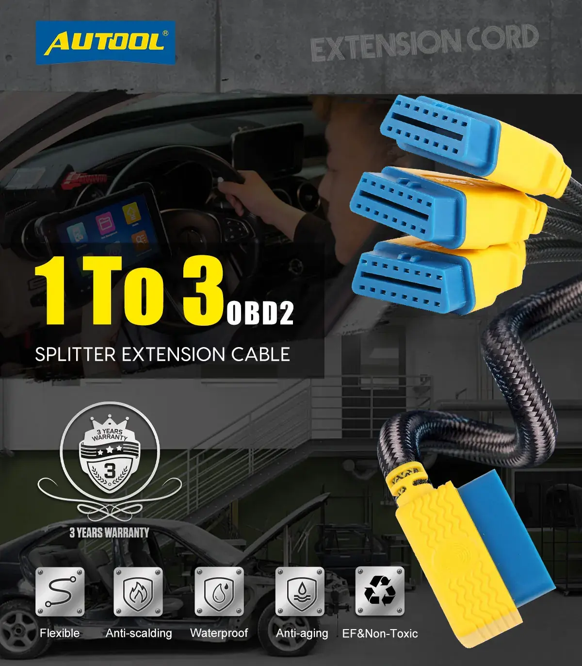 AUTOOL 35cm OBD2 1-to-3 splitter extension cable main product image