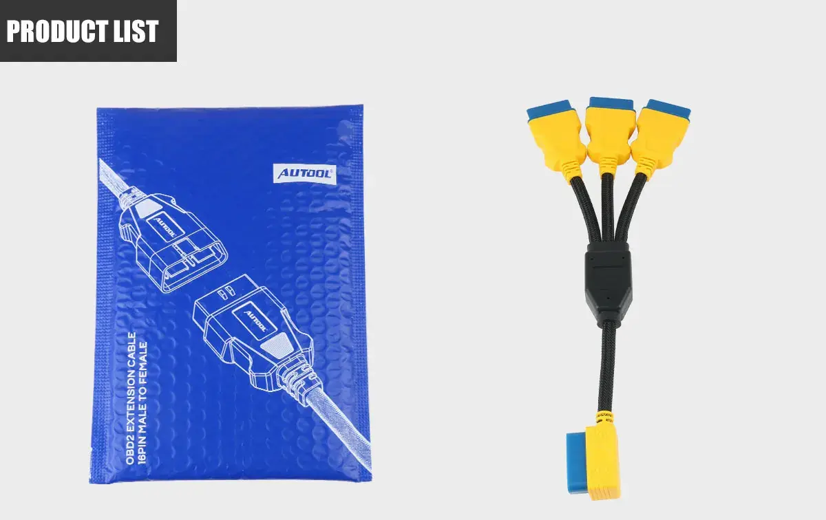 AUTOOL 35cm OBD2 1-to-3 splitter extension cable packing list