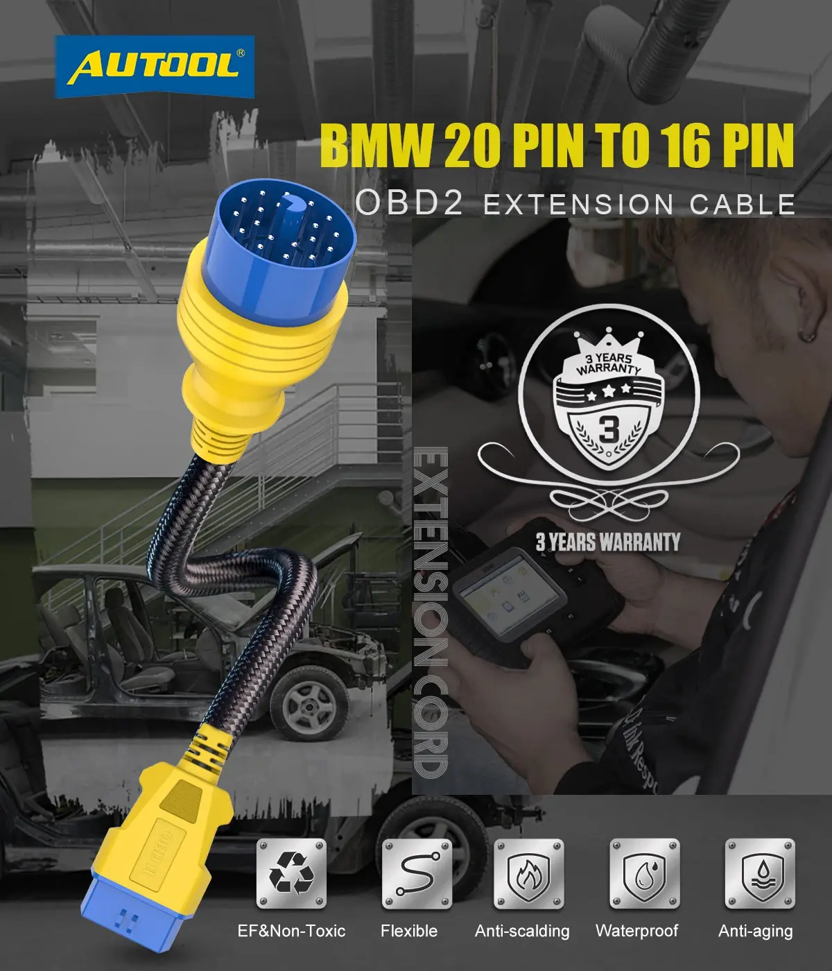 AUTOOL 40cm BMW 20Pin to 16Pin OBD2 extension cable main product image