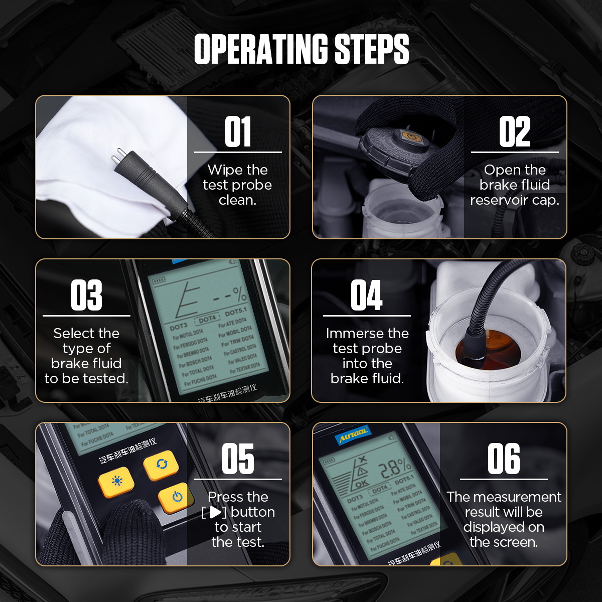 AUTOOL AS502 operating steps image showing probe cleaning reservoir cap opening fluid type selection probe immersion test start and result display