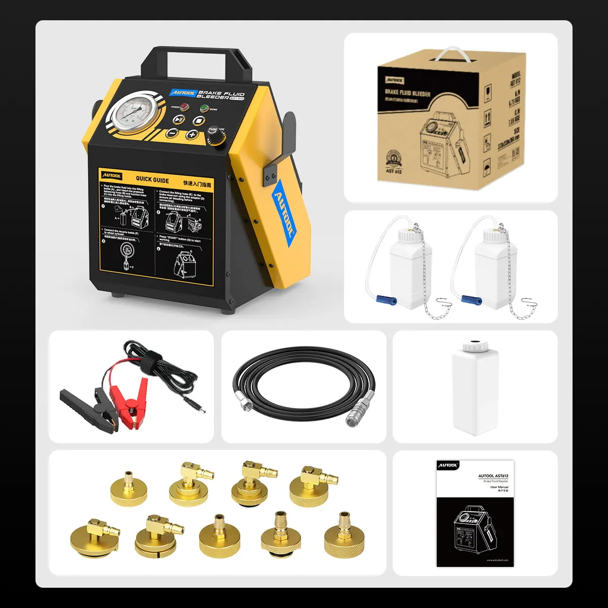 AUTOOL AST612 packing list with machine bottles hoses adapters and manual