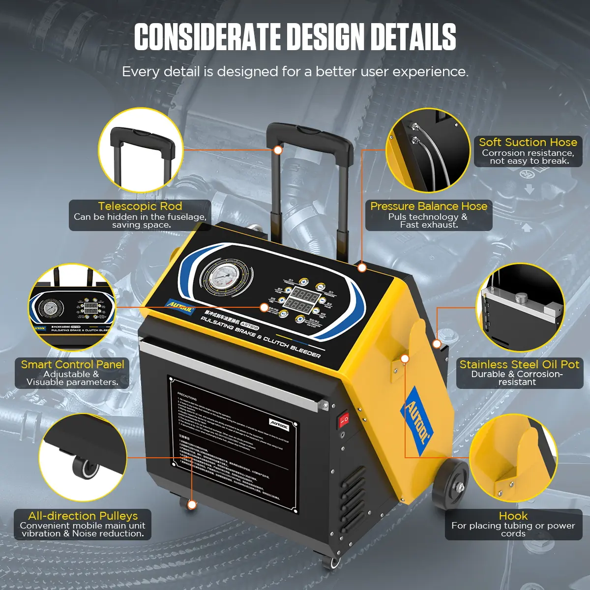AUTOOL AST618 considerate design details including telescopic rod hose wheels hook and oil pot