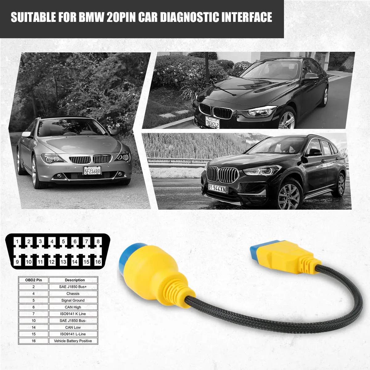 AUTOOL BMW 20Pin diagnostic interface to 16Pin OBD2 cable compatibility image