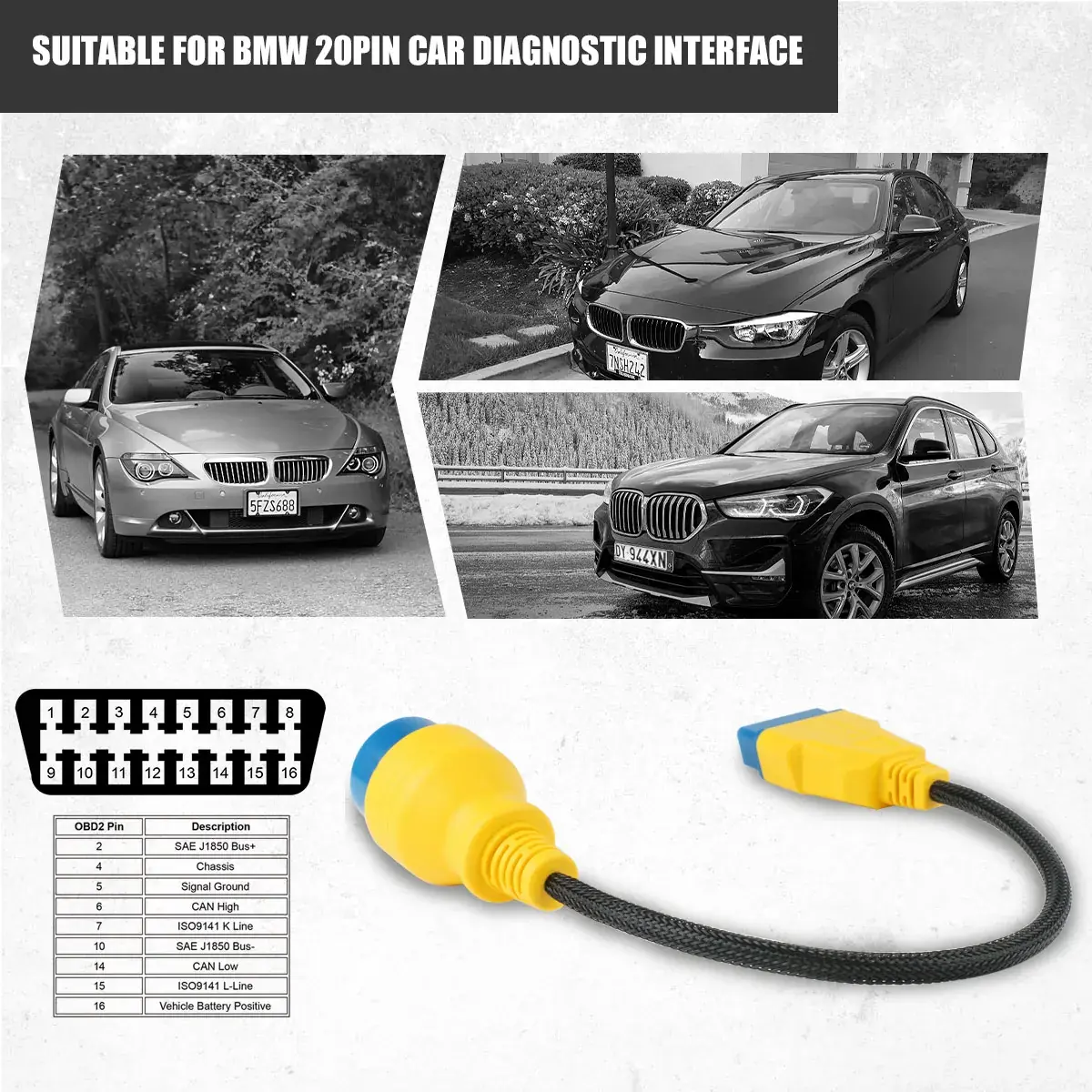 AUTOOL BMW 20Pin diagnostic interface to 16Pin OBD2 cable compatibility image