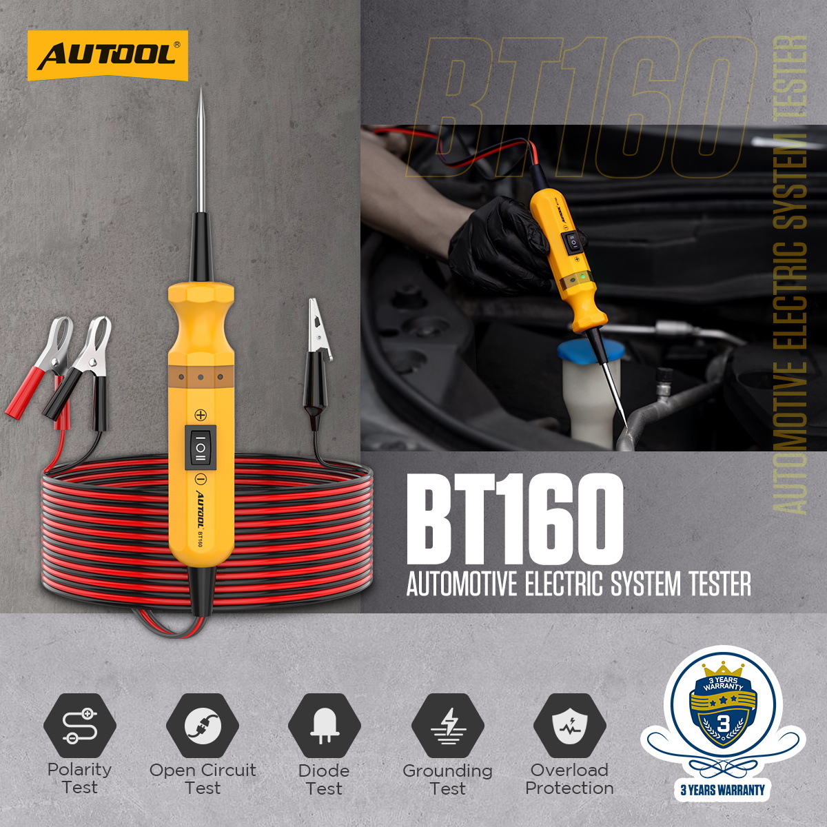 AUTOOL BT160 automotive electric system tester main product image with polarity open circuit diode grounding and overload protection icons