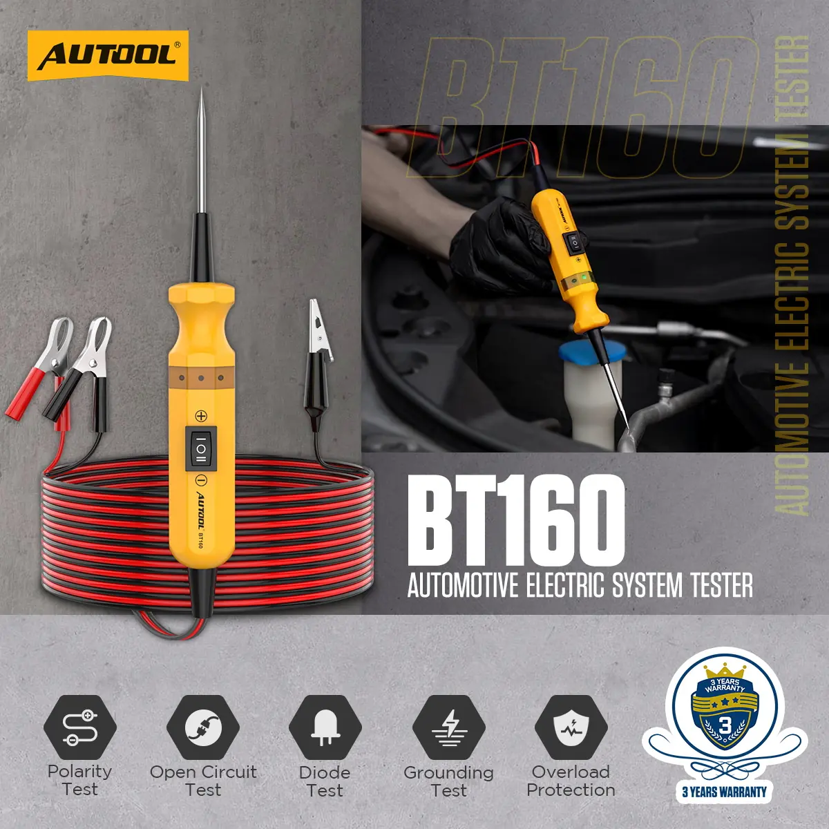 AUTOOL BT160 automotive electric system tester main product image with polarity open circuit diode grounding and overload protection icons
