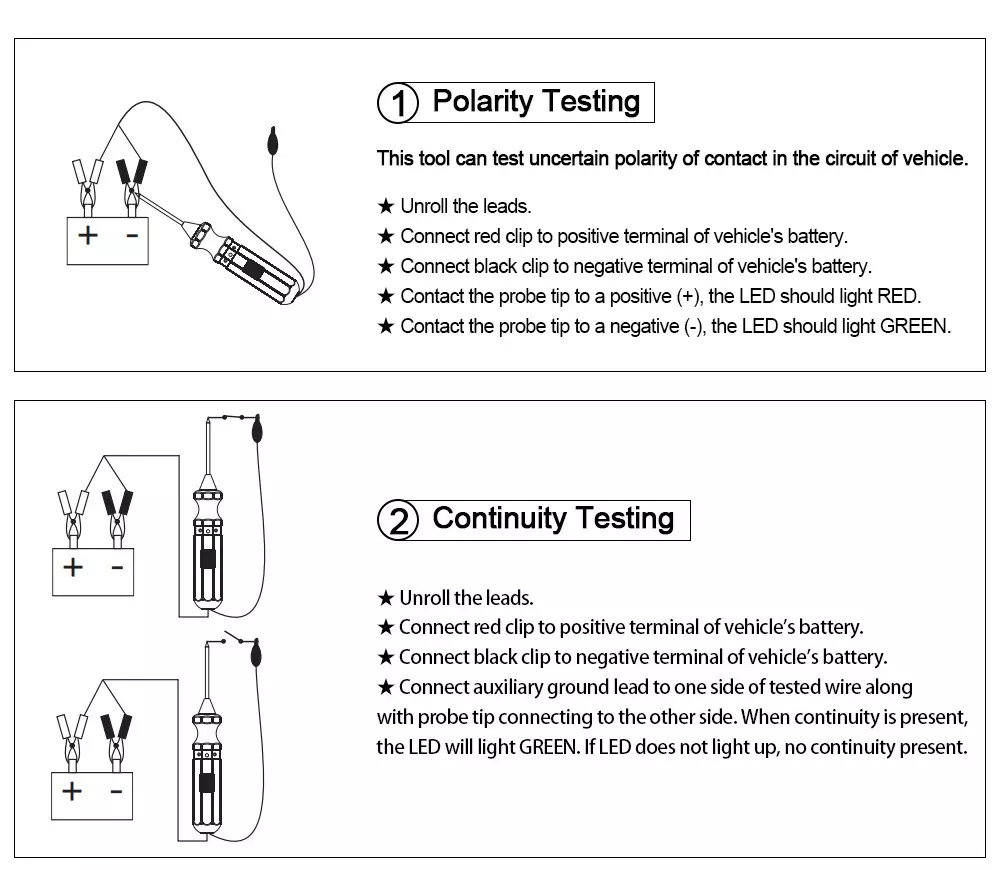 AUTOOL BT160 polarity testing and continuity testing instruction image