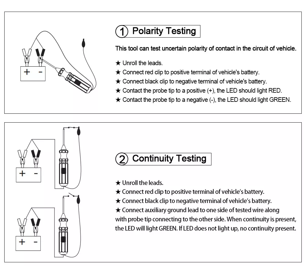 AUTOOL BT160 polarity testing and continuity testing instruction image