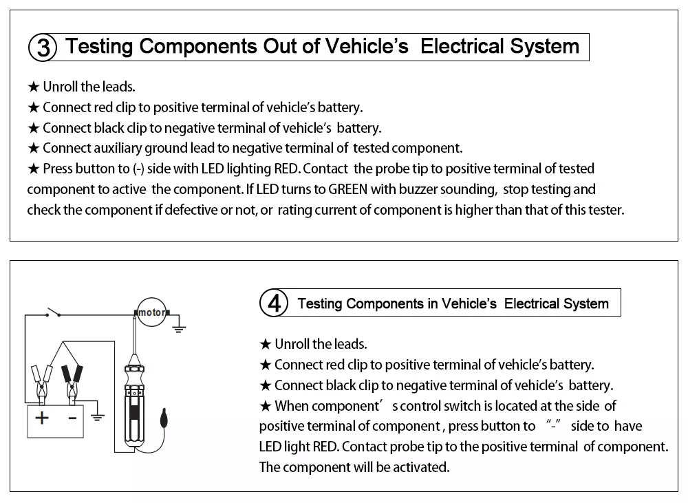 AUTOOL BT160 testing components out of vehicle and in vehicle electrical system instruction image
