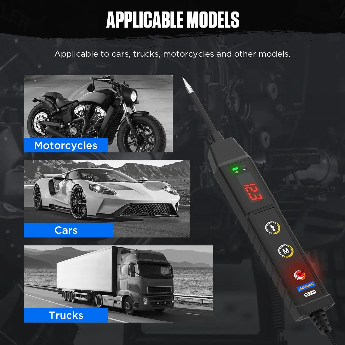 AUTOOL BT210 applicable models including motorcycles cars and trucks