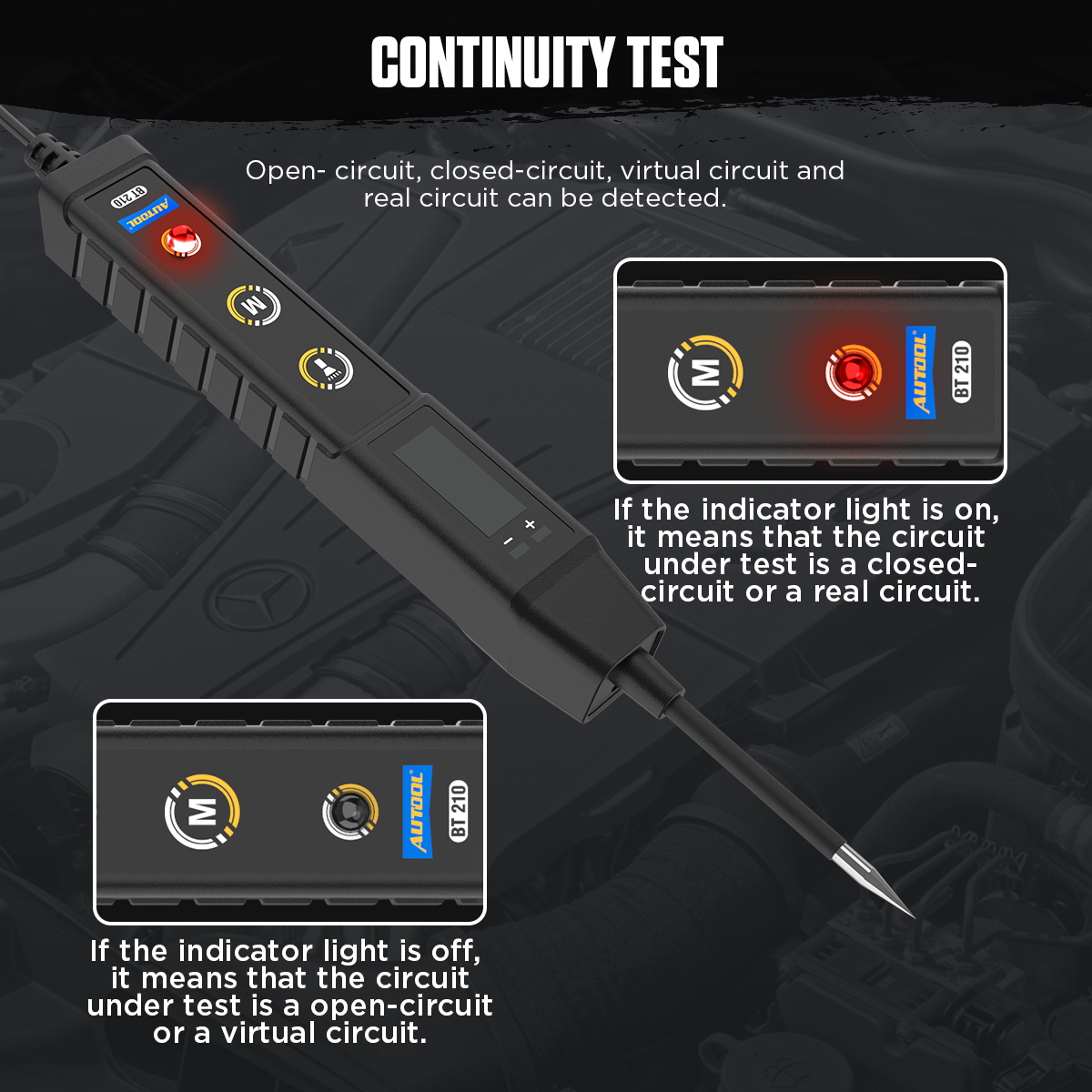 AUTOOL BT210 continuity test open circuit closed circuit virtual circuit and real circuit indication