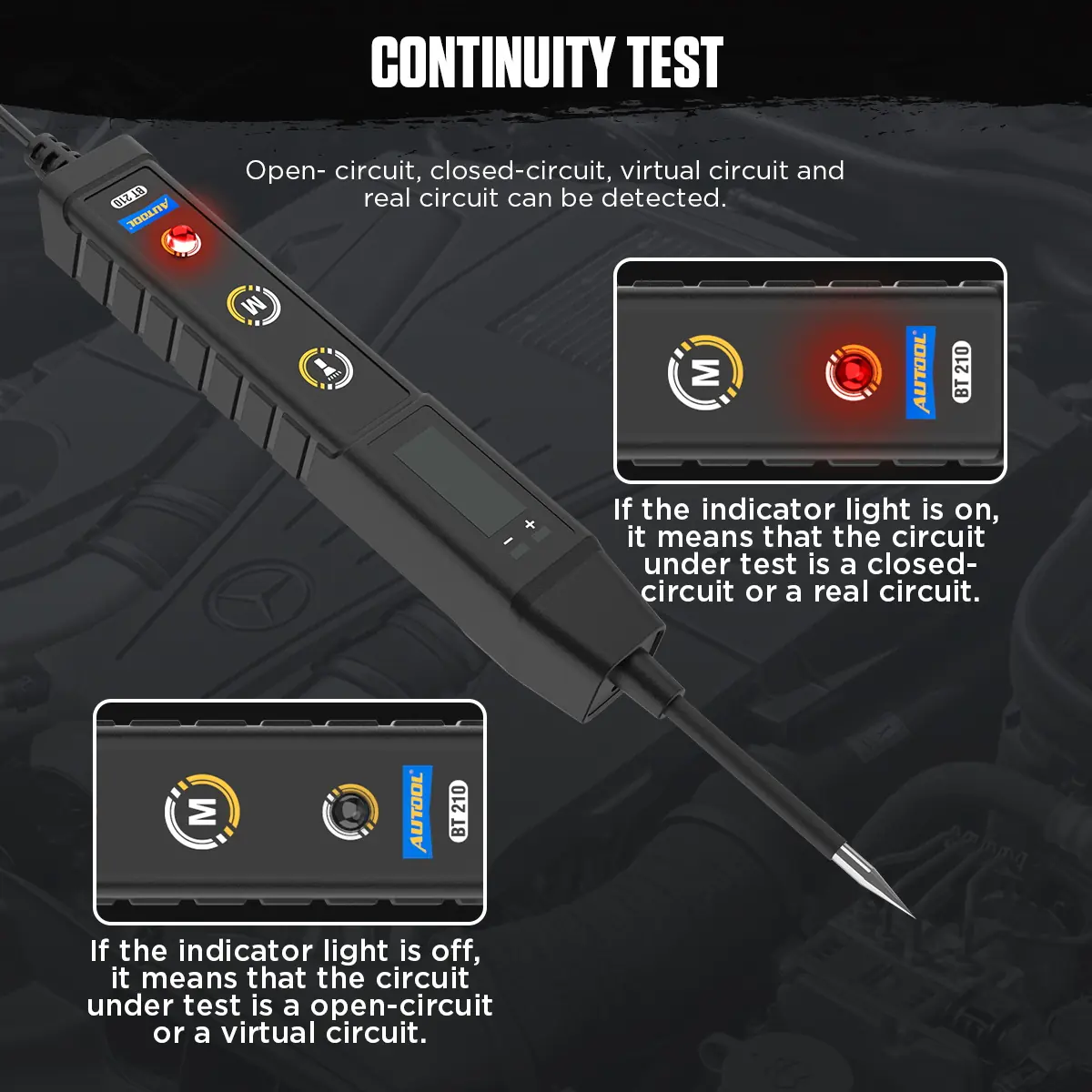 AUTOOL BT210 continuity test open circuit closed circuit virtual circuit and real circuit indication