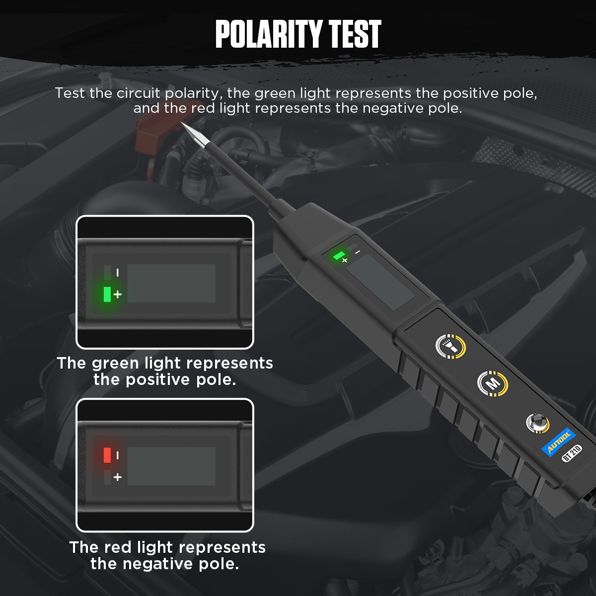 AUTOOL BT210 polarity test green positive light and red negative light
