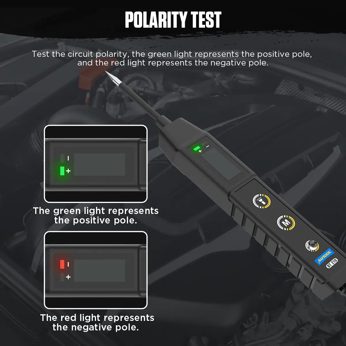 AUTOOL BT210 polarity test green positive light and red negative light