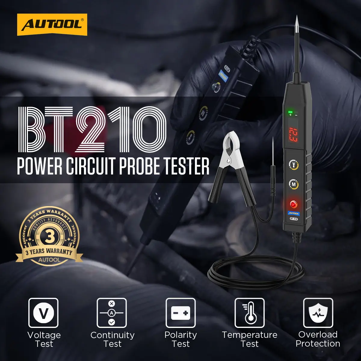 AUTOOL BT210 power circuit probe tester main image with voltage continuity polarity temperature and overload protection icons