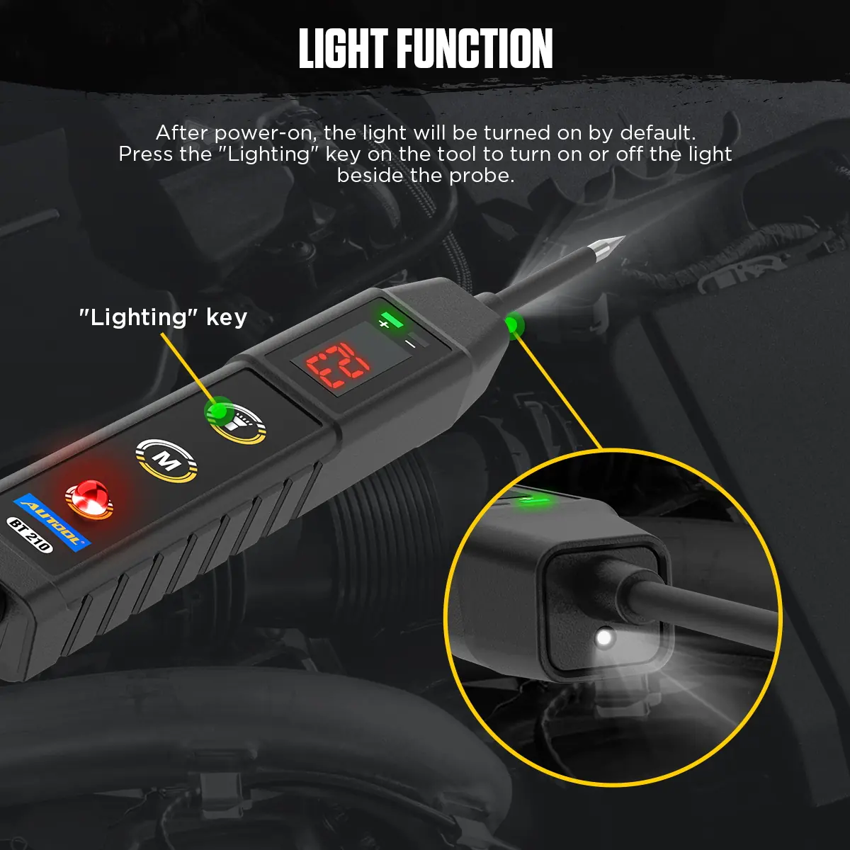 AUTOOL BT210 probe light function and lighting key