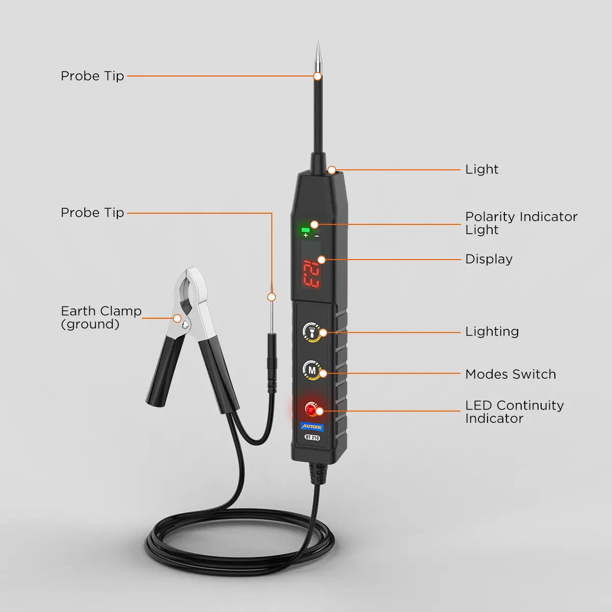 AUTOOL BT210 product structure with probe tip light polarity indicator display lighting button mode switch LED continuity indicator and earth clamp