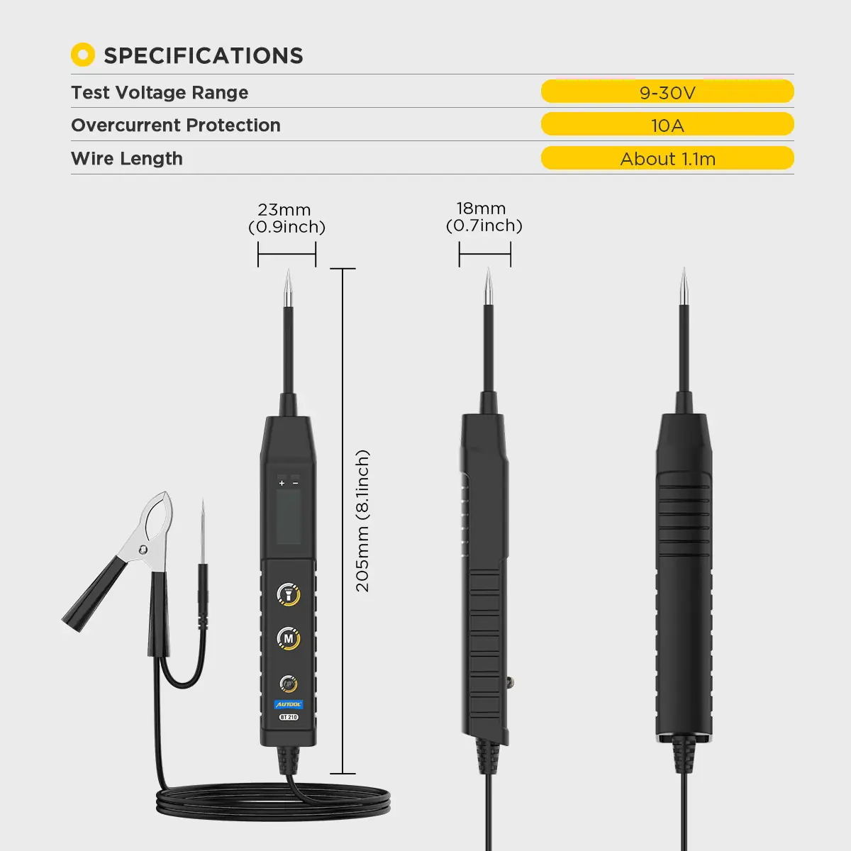 AUTOOL BT210 specifications including 9 to 30V test voltage range 10A overcurrent protection and about 1.1m wire length