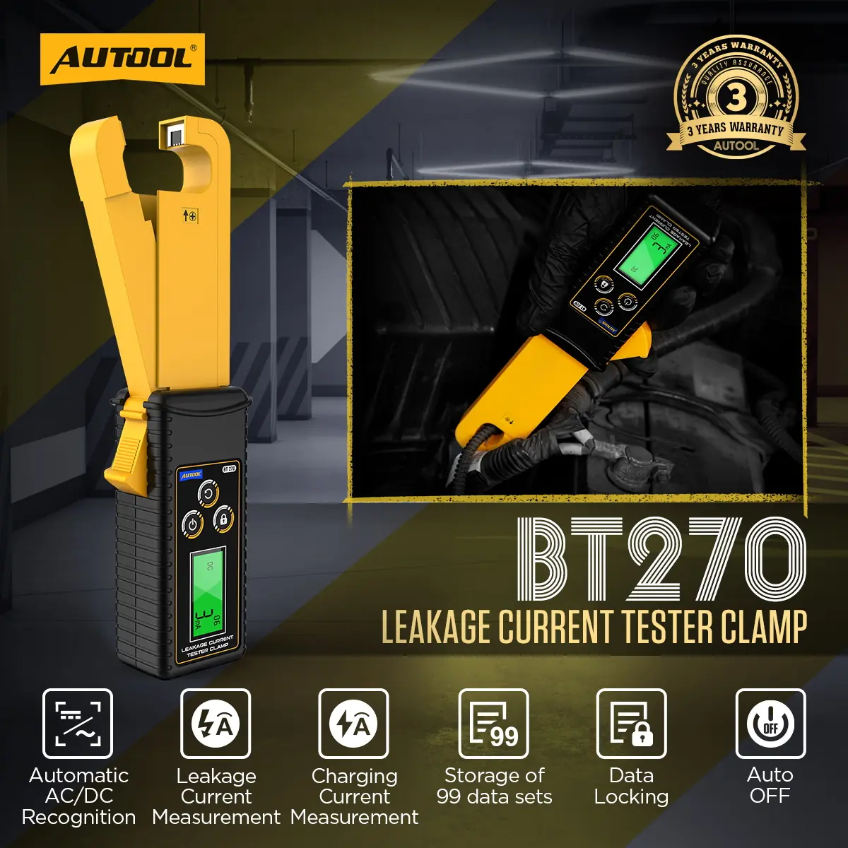 AUTOOL BT270 leakage current tester clamp main product image with AC DC recognition and data storage