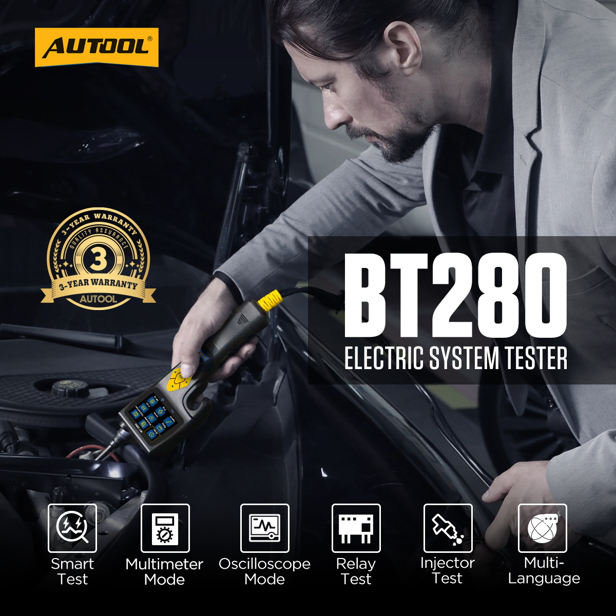 AUTOOL BT280 electric system tester main product image with smart test multimeter oscilloscope relay injector and multi-language icons