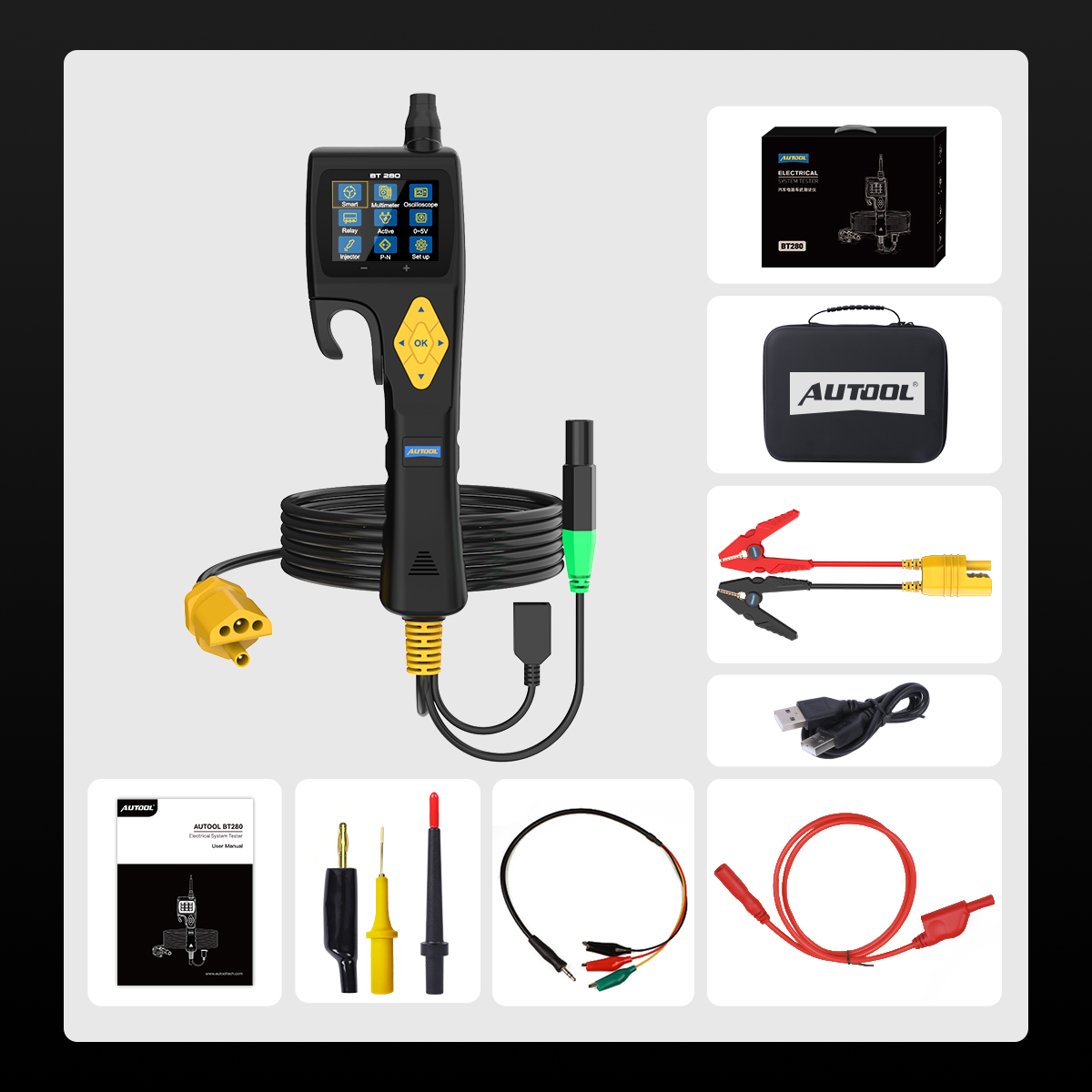 AUTOOL BT280 packing list with tester main unit carrying case retail box battery clamp USB cable probes test leads and user manual