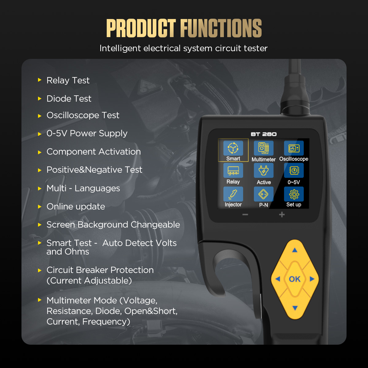 AUTOOL BT280 product functions summary including relay test diode test oscilloscope 0-5V power supply component activation multi-language online update smart test and multimeter mode