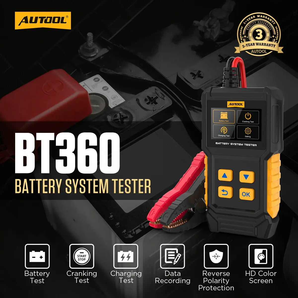 AUTOOL BT360 battery system tester main product image with battery test cranking test charging test and reverse polarity protection icons