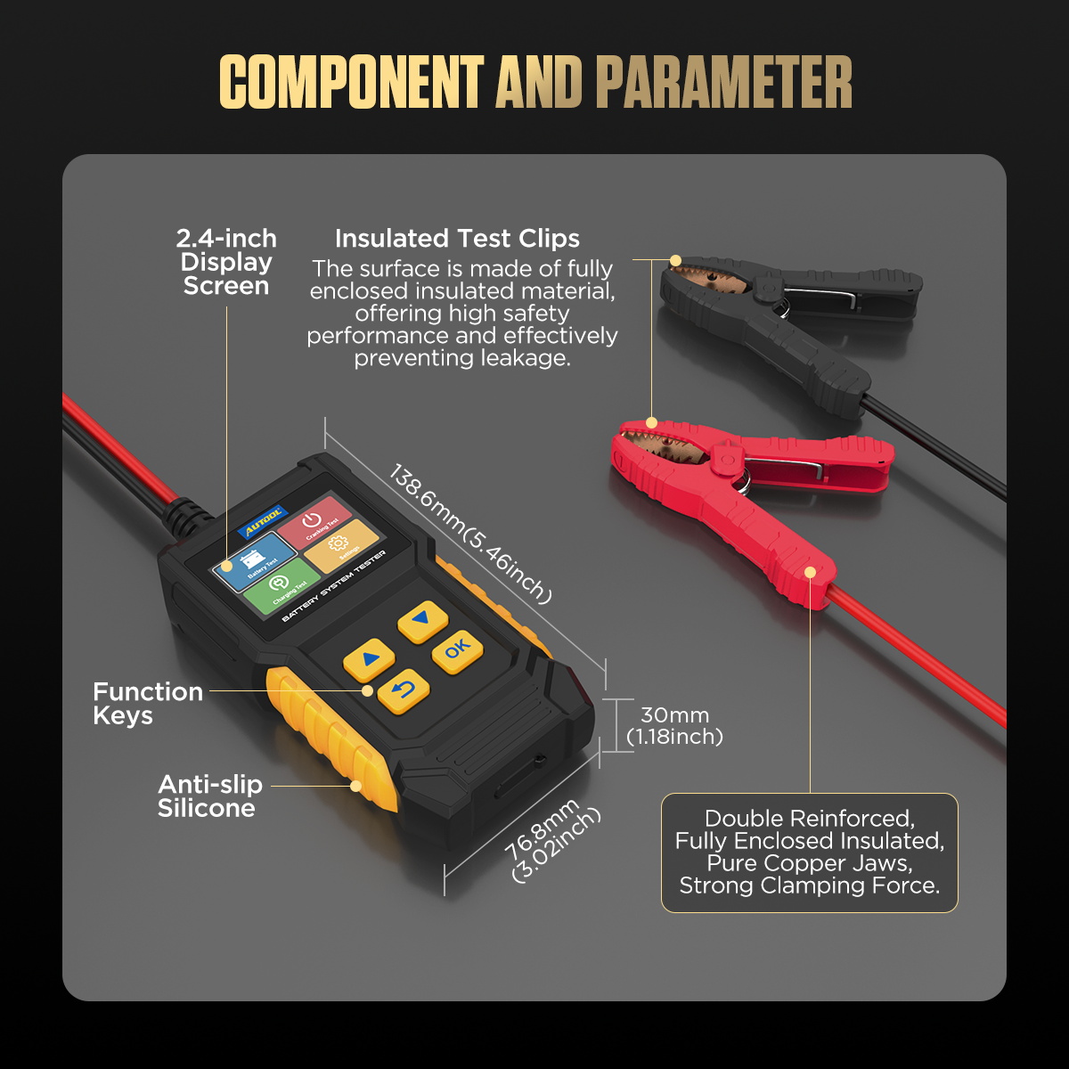 AUTOOL BT360 component and parameter image with 2.4 inch screen insulated test clips and 138.6 by 76.8 by 30 millimeter dimensions