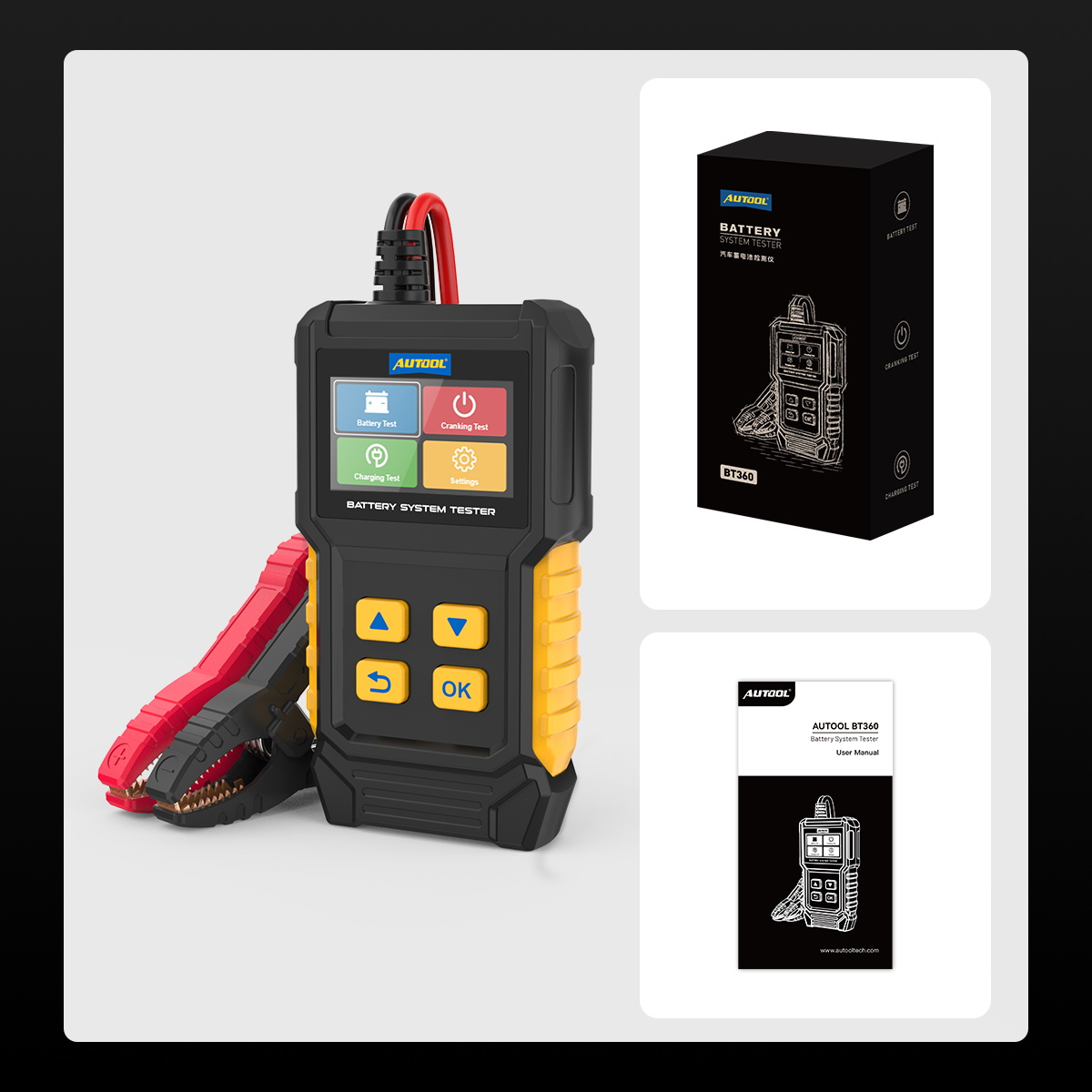 AUTOOL BT360 packing list image with battery system tester retail box and user manual