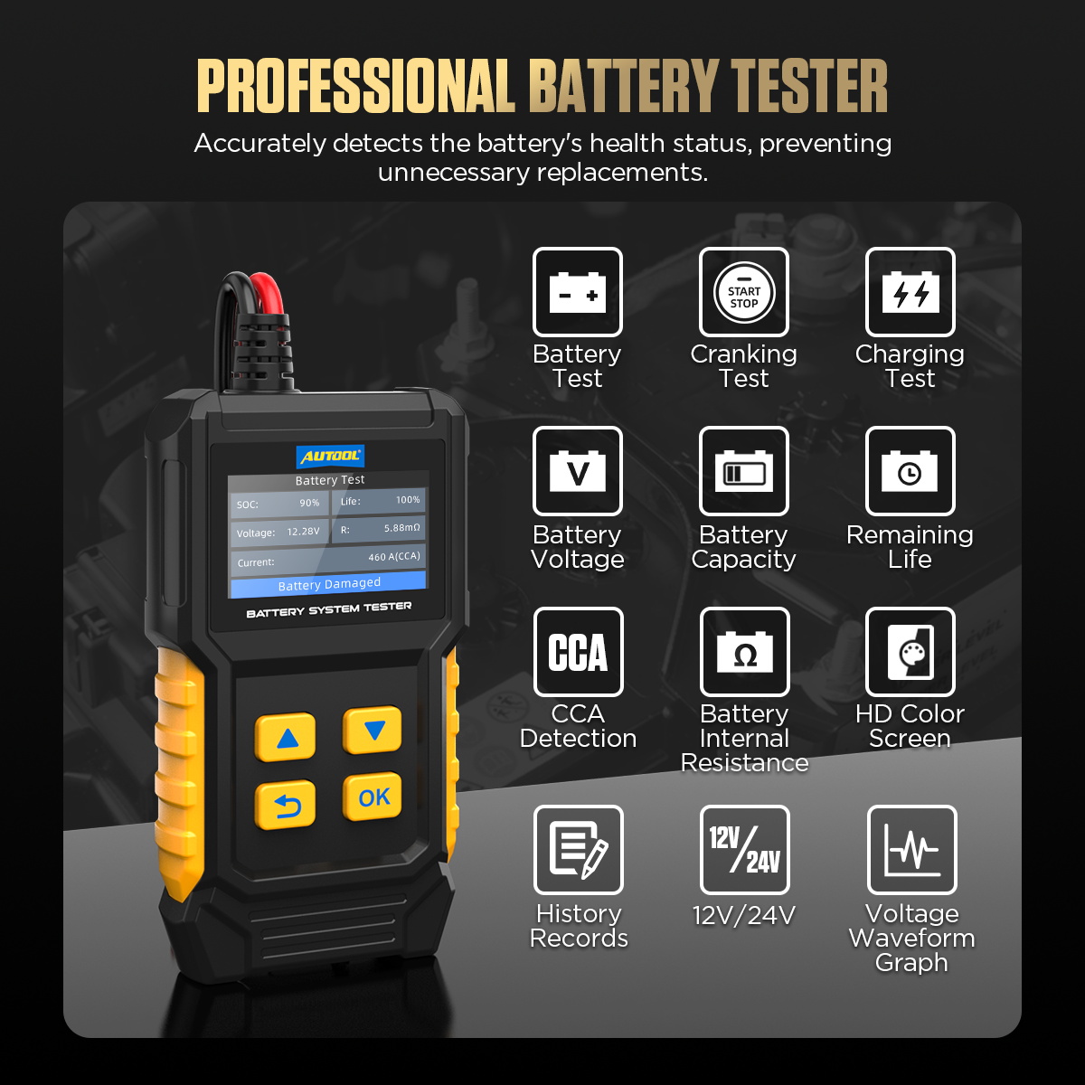 AUTOOL BT360 professional battery tester functions including battery test cranking test charging test CCA internal resistance and history records