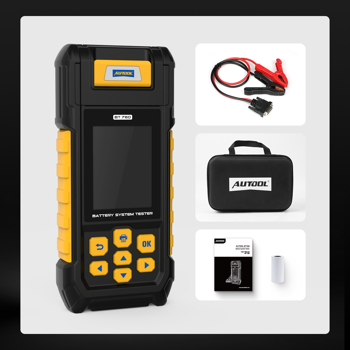 AUTOOL BT760 packing list with battery tester clamp cable storage bag user manual and printer paper roll