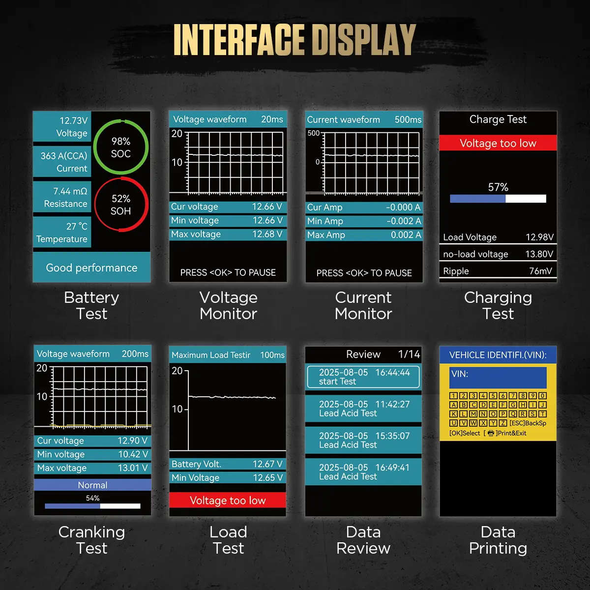 AUTOOL BT880 interface display for battery voltage current charging cranking load data review and printing