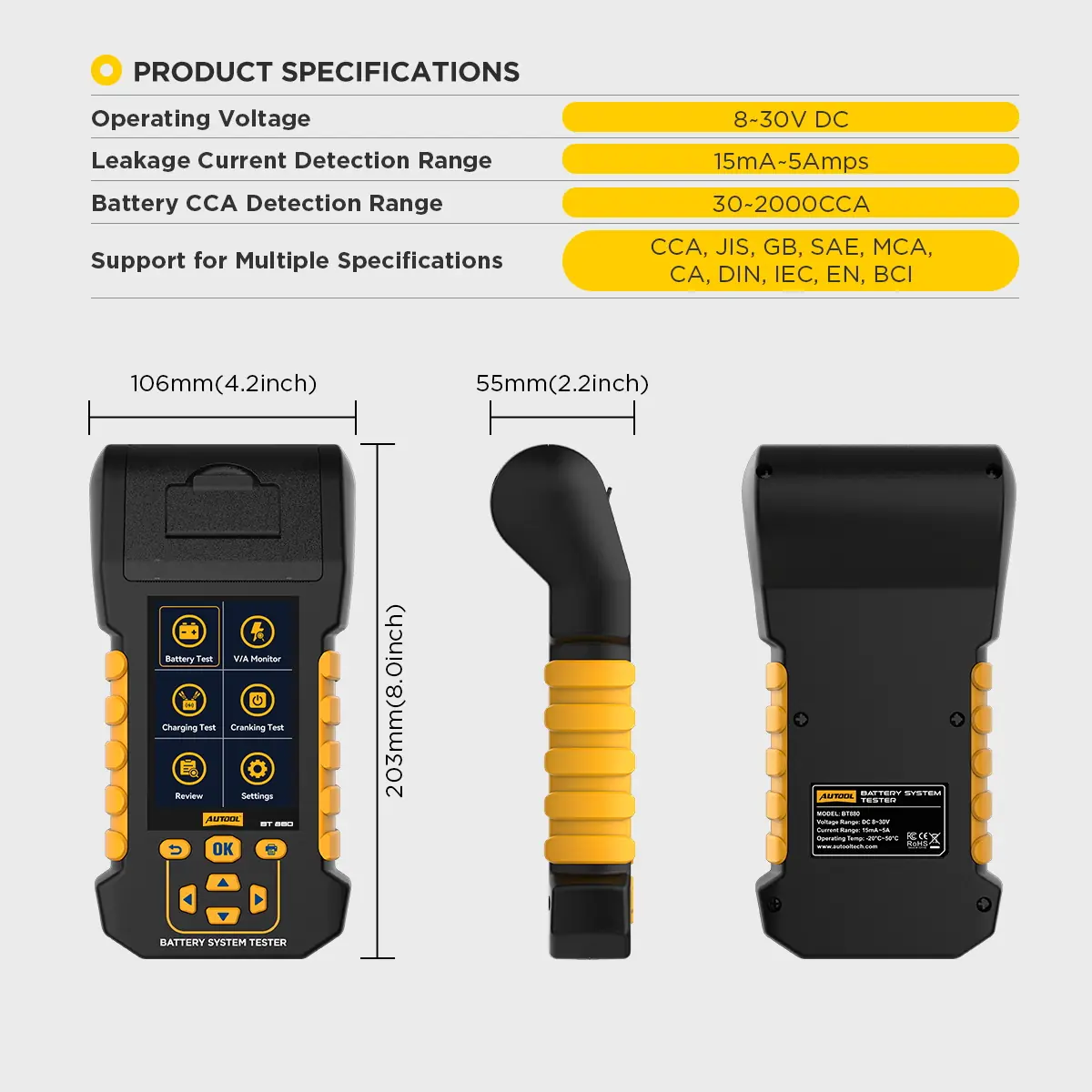 AUTOOL BT880 product specifications with operating voltage leakage current and dimensions