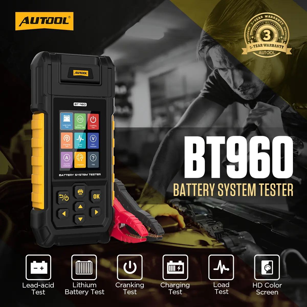AUTOOL BT960 12V car battery tester main product image with lithium battery testing leakage monitoring and printer features