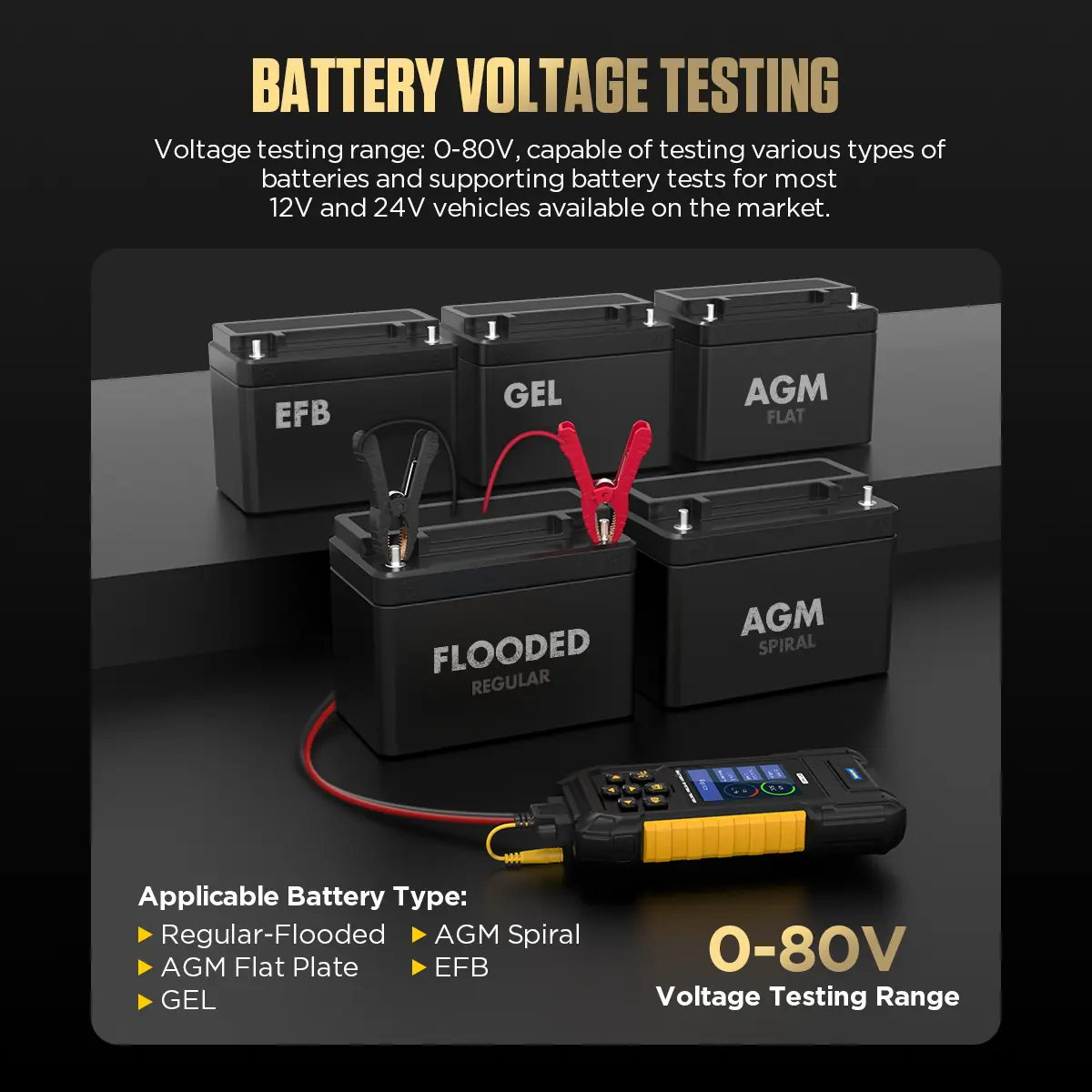 AUTOOL BT960 battery voltage testing 0 to 80V and battery type support
